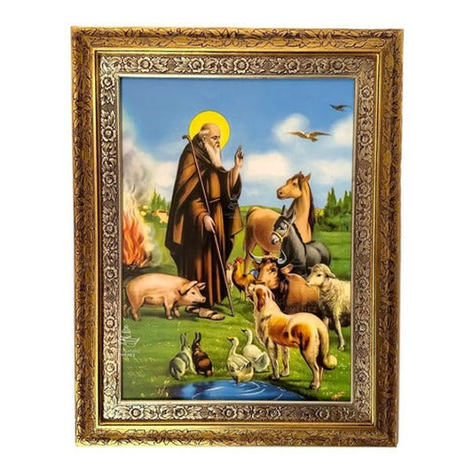 Cuadro de San Antonio Abad de 90x70 cm, acabado combinado oro y plata, hecho a mano en México