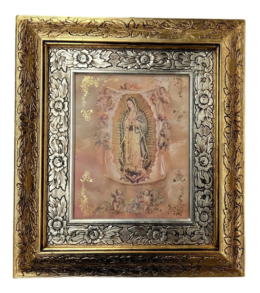 Cuadro de la Virgen de Guadalupe con ángeles, 45x40 cm, acabado combinado oro y plata