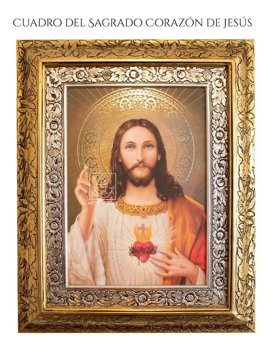 Cuadro del Sagrado Corazón de Jesús, 60x47 cm, acabado combinado oro y plata