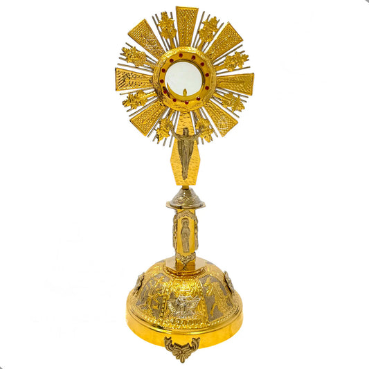 Custodia eucarística Cristo Rey de 70 cm, en alpaca con baño de oro, hecha a mano en México