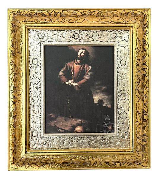 Cuadro de San Francisco de Asís en oración, 45x40 cm, acabado combinado oro y plata
