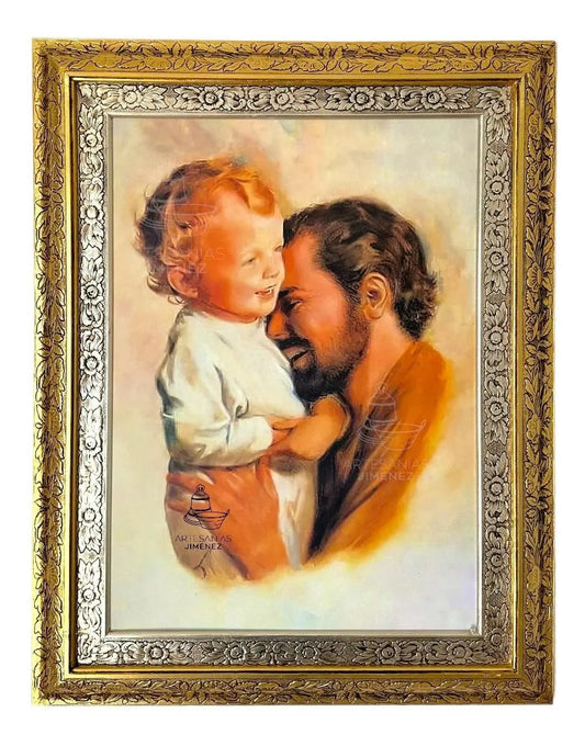 Cuadro de San José y el Niño Jesús, 90x70 cm, acabado combinado oro y plata