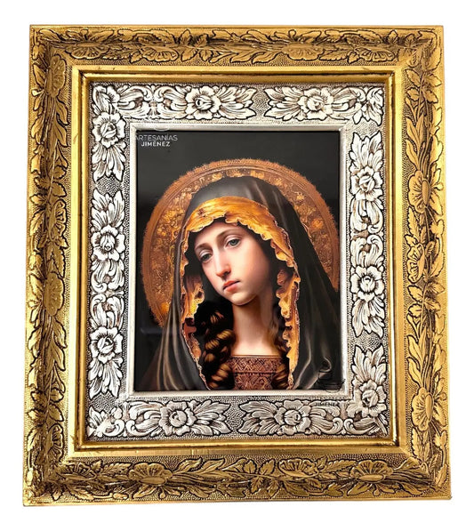 Cuadro de la Virgen María de 45x40 cm, acabado combinado oro y plata, hecho a mano en México