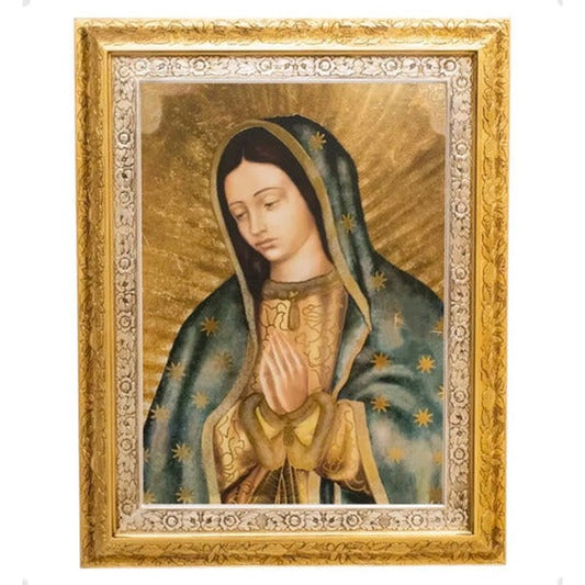 Cuadro del busto de la Virgen de Guadalupe de 90x70 cm, acabado combinado oro y plata, hecho a mano en México