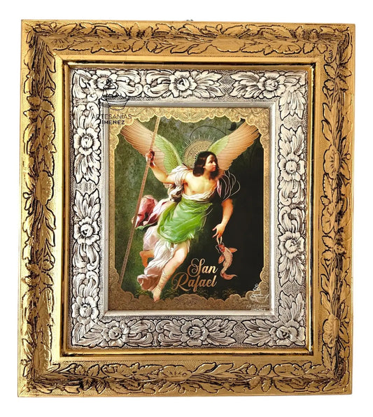 Cuadro del arcángel San Rafael, 45x40 cm, acabado combinado oro y plata