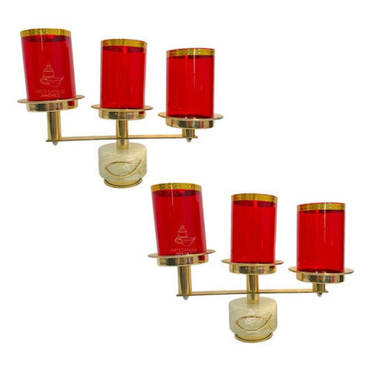 Par de candeleros de tres luces modelo redondo con pantallas rojas, hechos a mano en México