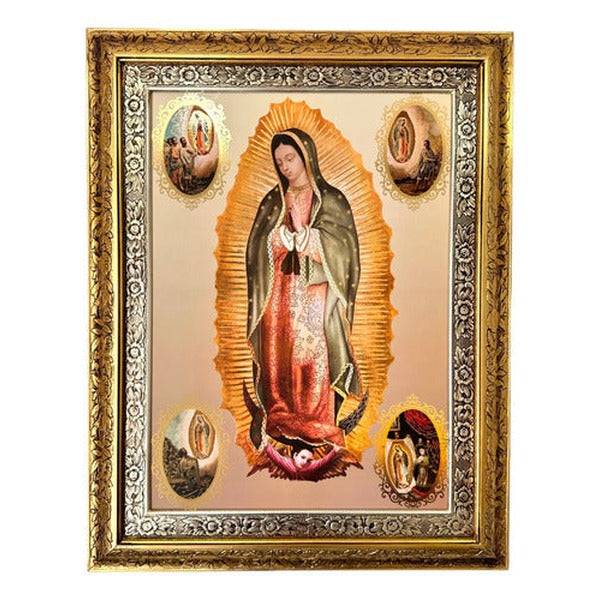 Cuadro de la Virgen de Guadalupe, cuatro apariciones, 90x70 cm, acabado combinado oro y plata, hecho a mano en México