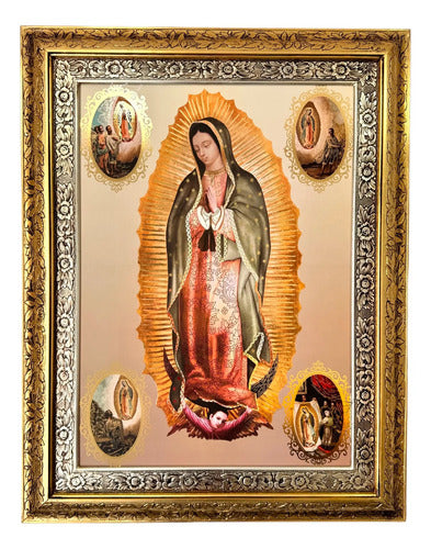 Cuadro Virgen De Guadalupe 90x70 4 Apariciones Combinado Oro Y Plata Modelo 1