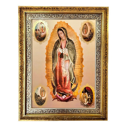 Cuadro de la Virgen de Guadalupe, cuatro apariciones, 90x70 cm, acabado combinado oro y plata, hecho a mano en México