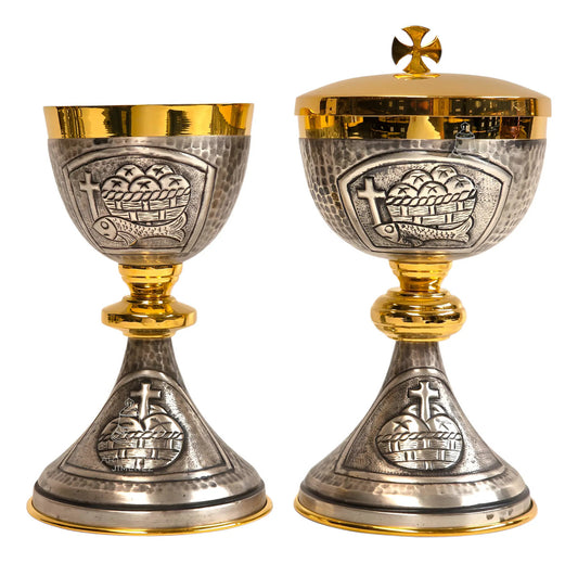 Cáliz copón y patena litúrgico vaso sagrado, con baño de oro, hecho a mano en México