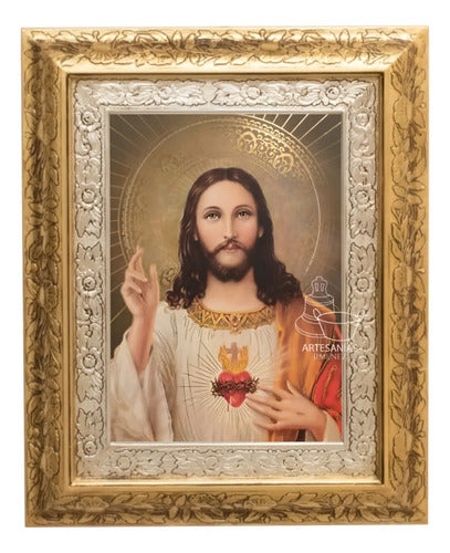 Cuadro Del Sagrado Corazón De Jesús 60x47 Cm Q113 Combinado Oro Y Plata Oro Y Plata