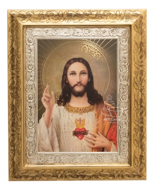 Cuadro del Sagrado Corazón de Jesús de 60x47 cm, acabado combinado oro y plata, hecho en México