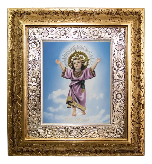 Cuadro del Divino Niño Jesús, 45x40 cm, acabado combinado oro y plata