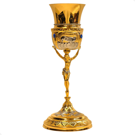 Cáliz grande de Cristo con patena INRI, con baño de oro, hecho a mano en México
