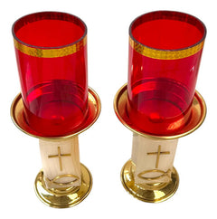 Candeleros De Mesa Para Altar Con Vaso Rojo Piedra Cuadrada Pez Y Cruz Pez Cruz