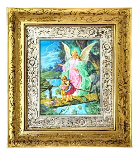 Cuadro Angel De La Guarda 45x40 Cm Combinado Oro Y Plata Oro Y Plata