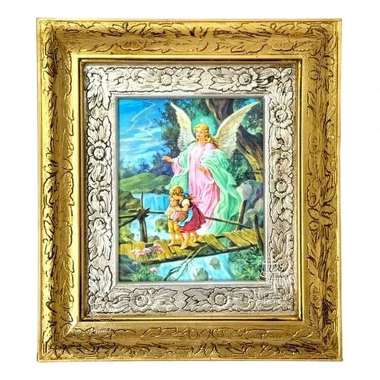 Cuadro del Ángel de la Guarda, 45x40 cm, acabado combinado oro y plata, hecho a mano