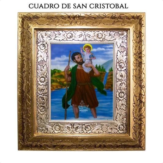 Cuadro de San Cristóbal, 45x40 cm, acabado combinado oro y plata, hecho a mano en México