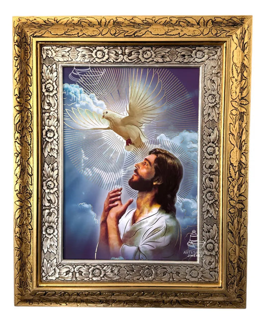 Cuadro de Cristo y el Espíritu Santo, 60x47 cm, acabado combinado oro y plata