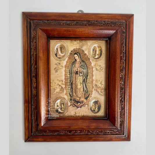 Cuadro de la Virgen de Guadalupe y las cuatro apariciones, acabado nogal, hecho a mano en México