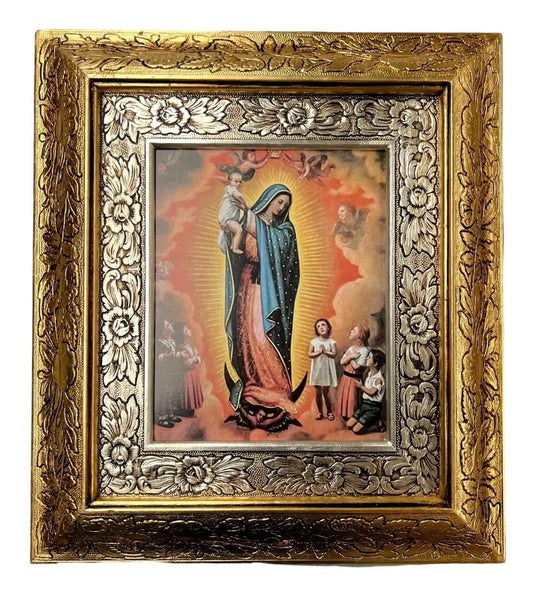 Cuadro de la Virgen de Guadalupe protectora, 45x40 cm, acabado combinado oro y plata