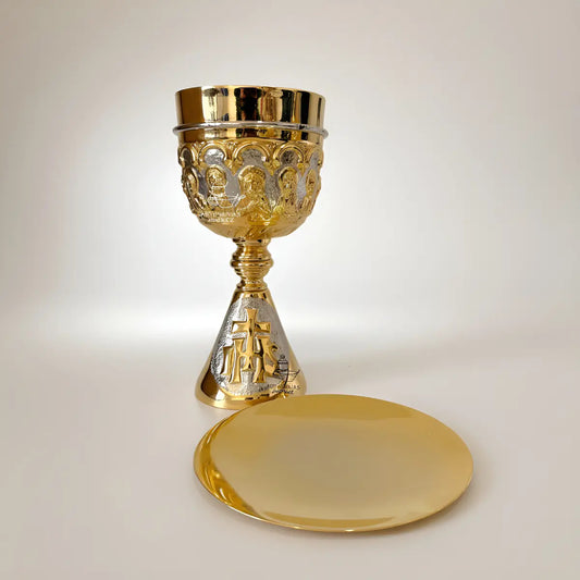 Cáliz para iglesia o capilla con patena Última Cena, de latón con baño de oro, hecho a mano en México