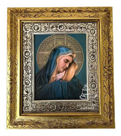 Cuadro Virgen De Los Dolores Con Fondo Azul Y Marco Oro Plata  45x40 Cm Combinado Oro Plata