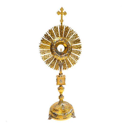 Custodia eucarística Cristo Rey de 115 cm, en latón con baño de oro, hecha a mano en México