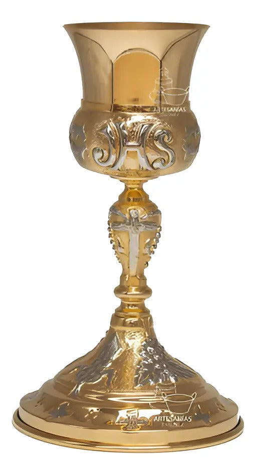 Cáliz para iglesia o capilla con patena vaso sagrado, de latón con baño de oro, hecho a mano en México