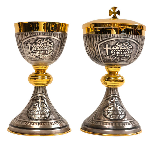 Cáliz copón y patena litúrgico vaso sagrado, con baño de oro, hecho a mano en México