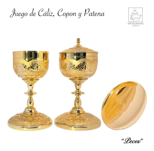 Cáliz copón y patena para iglesia o capilla peces, de latón con baño de oro, hecho a mano en México