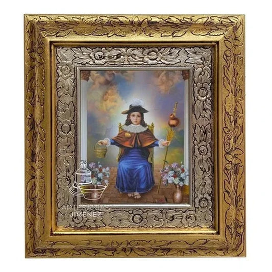 Cuadro del Santo Niño de Atocha de 45x40 cm, acabado combinado oro y plata, hecho a mano en México