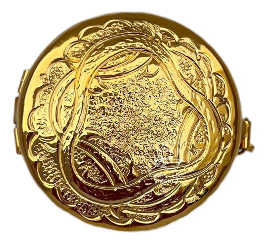 Relicario portaviático de 5 cm de latón con baño de oro, imagen de la Santísima Trinidad, hecho a mano en México
