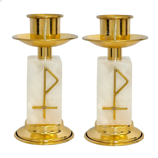 Candeleros de mesa para altar de iglesia, piedra de ónix y latón, hecho a mano en México