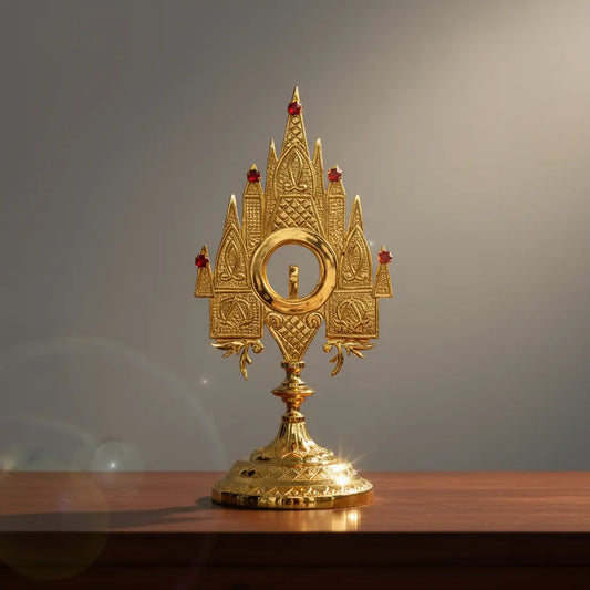 Custodia manifestador modelo catedral de 26 cm, en latón con baño de oro, hecha a mano en México