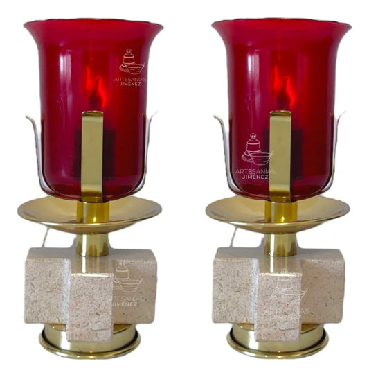 Candeleros eléctricos para el Santísimo, cruz de media semana, ónix y latón dorado, hecho a mano en México