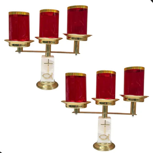 Par de candeleros de tres luces modelo cuadrado con cruz y pez, hechos a mano en México