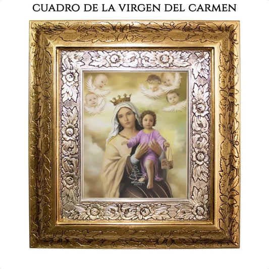 Cuadro de la Virgen del Carmen, 45x40 cm, acabado combinado oro y plata, hecho en México