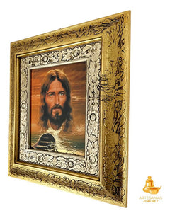 Cuadro Rostro De Jesus Y La Barca 45x40 Cm Combinado Oro Y Plata Oro Y Plata