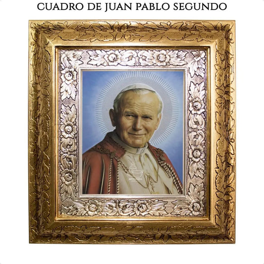 Cuadro de Juan Pablo II, 45x40 cm, acabado combinado oro y plata, hecho a mano en México