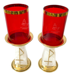 Candeleros De Mesa Para Altar Con Vaso Rojo Piedra Piramidal Dorado