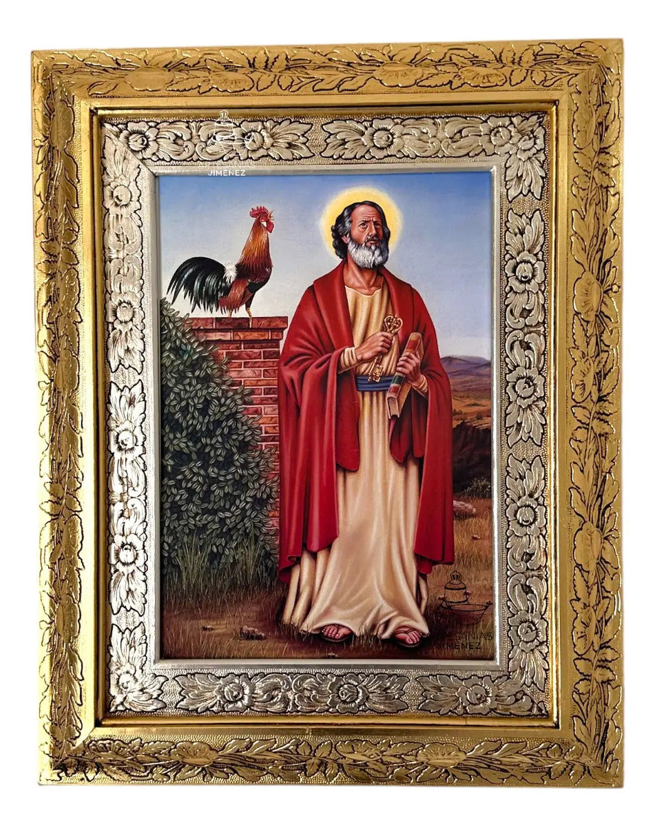 Cuadro de San Pedro Apóstol de 60x47 cm, acabado combinado oro y plata, hecho a mano en México