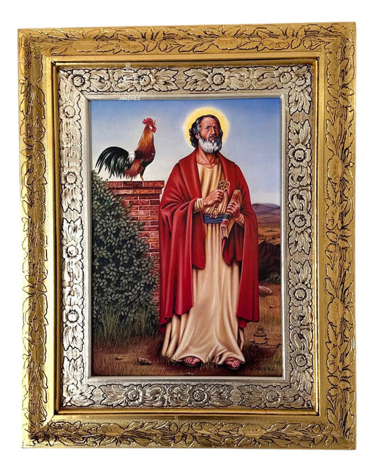 Cuadro de San Pedro Apóstol de 60x47 cm, acabado combinado oro y plata, hecho a mano en México