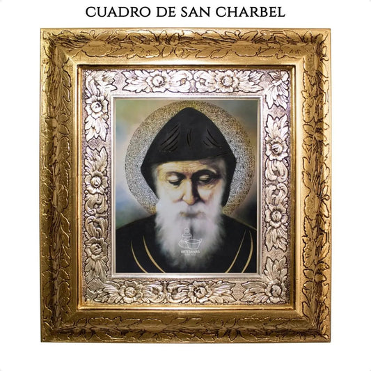 Cuadro de San Charbel, 45x40 cm, acabado combinado oro y plata, hecho a mano en México