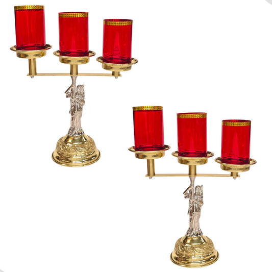 Candeleros de altar de 3 luces, corona de espinas cincelada, latón y bronce, hecho a mano en México