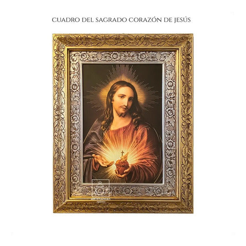 Cuadro Del Sagrado Corazón De Jesús 60x47 Cm Combinado Oro Y Plata Oro Y Plata