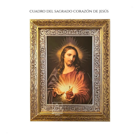 Cuadro del Sagrado Corazón de Jesús, 60x47 cm, acabado combinado oro y plata, hecho en México