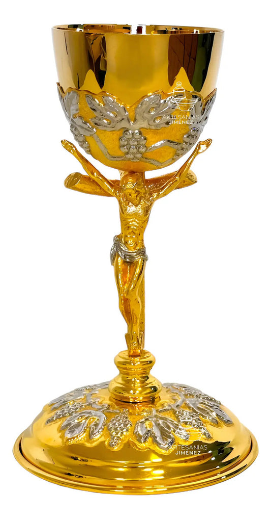 Cáliz grande de Cristo con patena y uvas, con baño de oro, hecho a mano en México