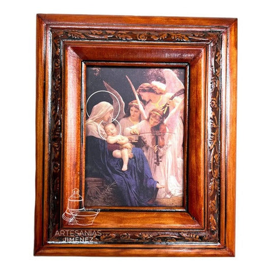 Cuadro de la Virgen María con Jesús y ángeles, acabado nogal, hecho a mano en México