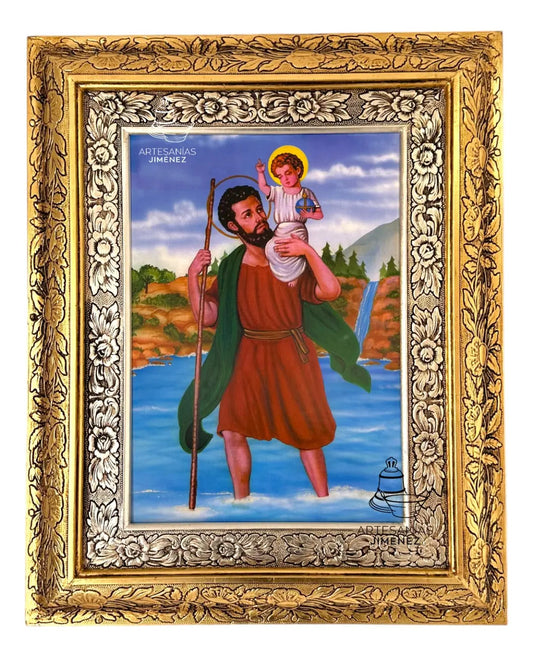 Cuadro de San Cristóbal de 60x47 cm, acabado combinado oro y plata, hecho a mano en México